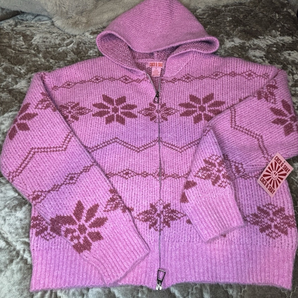 Coco & Shay‎ Pink Fair Isle Zip Hooded Cardigan Sweater XL Cottage Coquette NWT